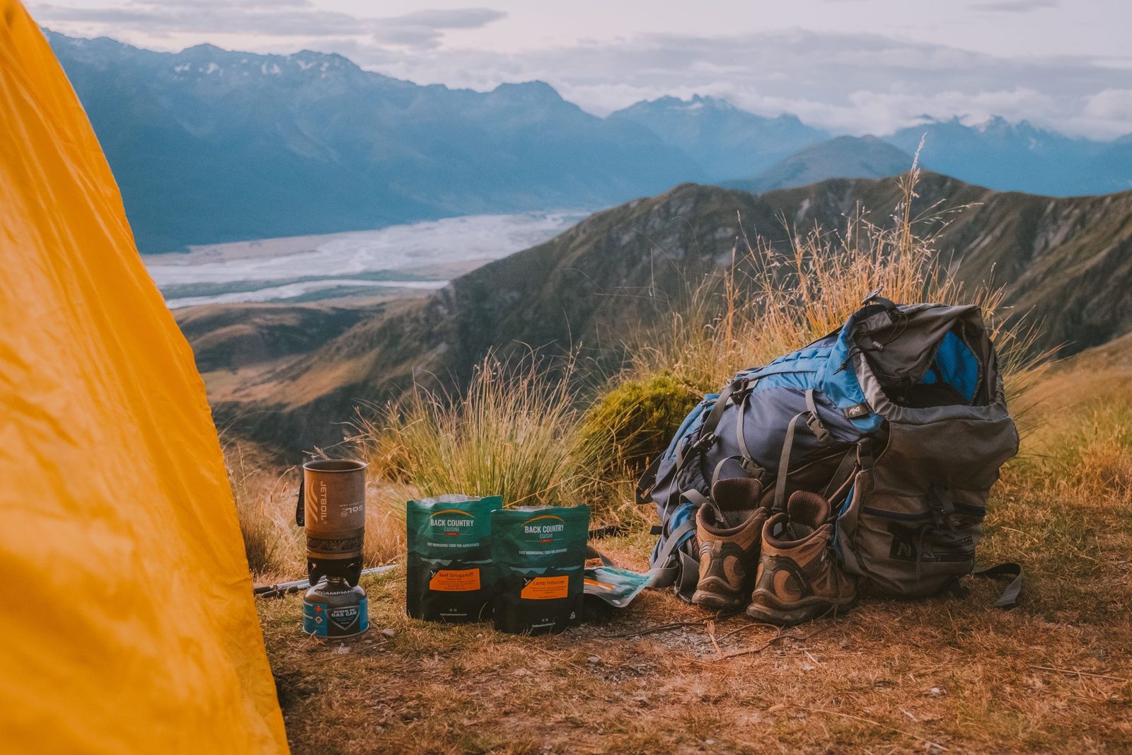 Back Country Cuisine meals with a pack and cooker in the New Zealand back country